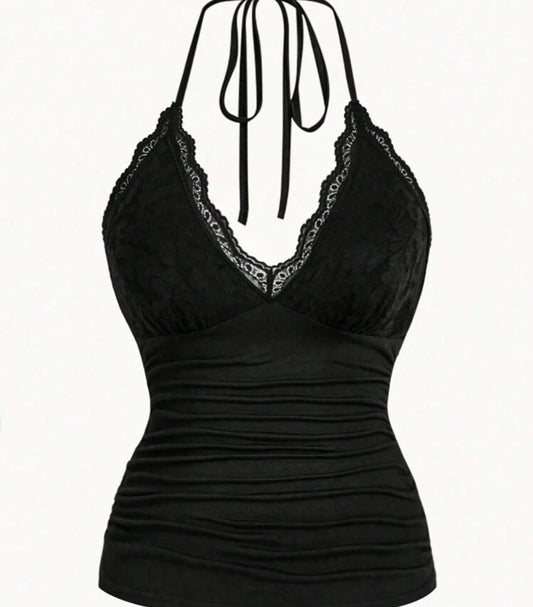 Lace Splicing Ruffle Bodycon Top