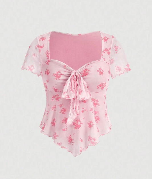 Short Sleeves Asymmetric Floral Print Top