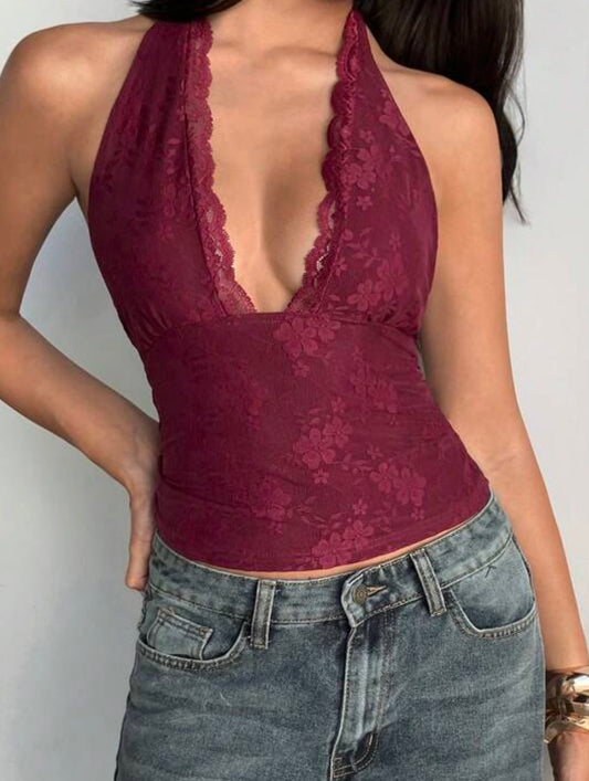 Burgundy Lace Halter V-neckline Top