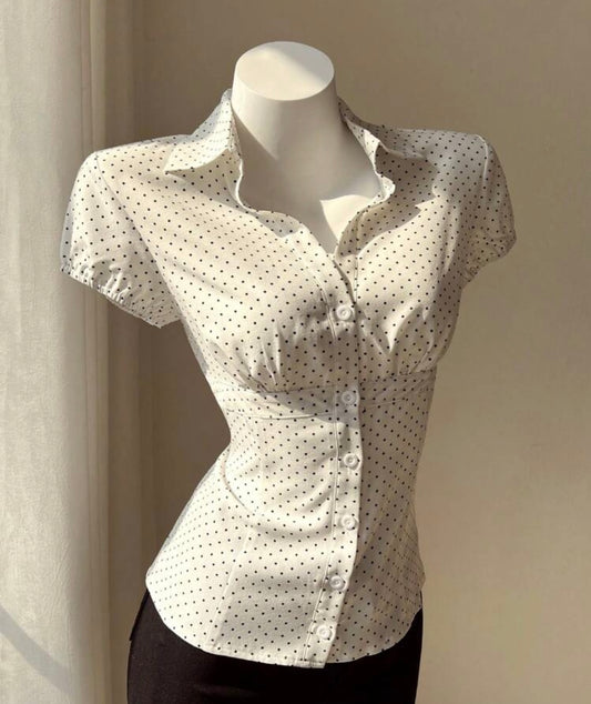 Fitted Short-Sleeve Polka Dot Blouse