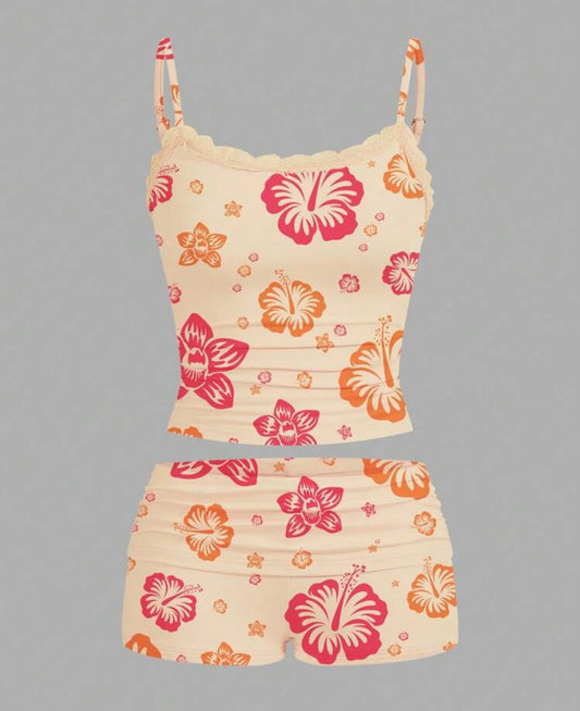 Floral Print Strap Top & Mini Short Set