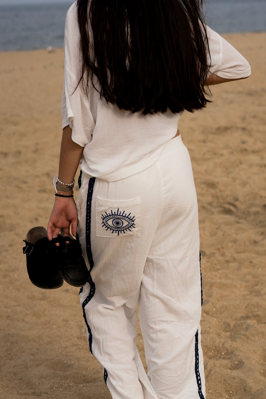 White Wide-Leg Pants With Eye Embroidery And Side Stripes
