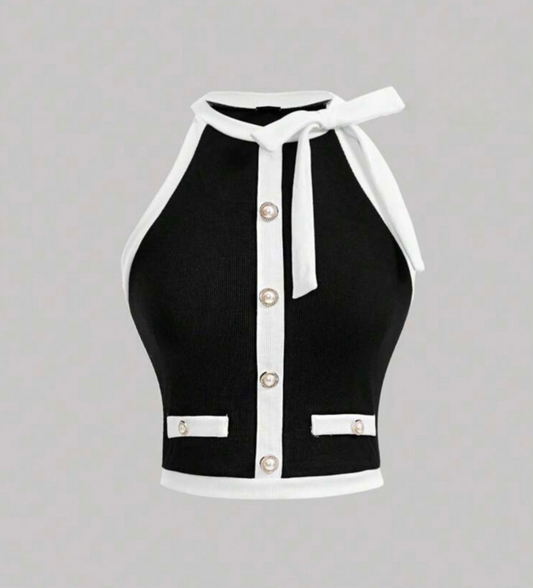 Sleeveless Round Neck With Button Top