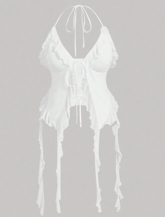 Ruffled Tie-Front Halter Lace-Up Top