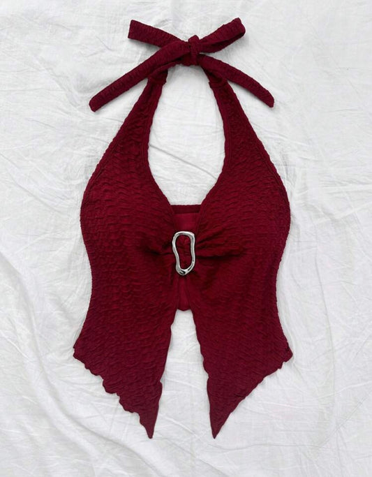 Textured Burgundy Halter Top With Front buckle Detail