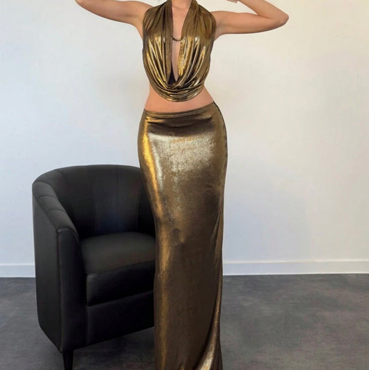 Draped Neck Backless Top & Low Waist Long Skirt Set
