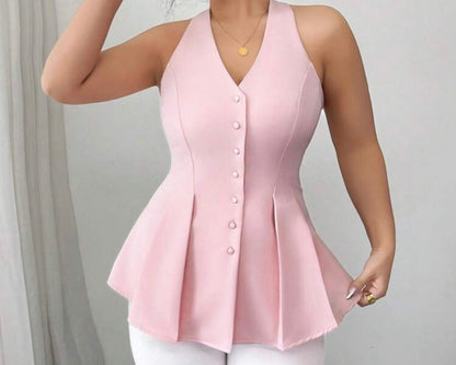 Elegant V-Neck Sleeveless Shirt Waist Pleats