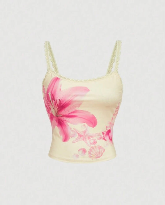 Lace Trim Top With Floral Print