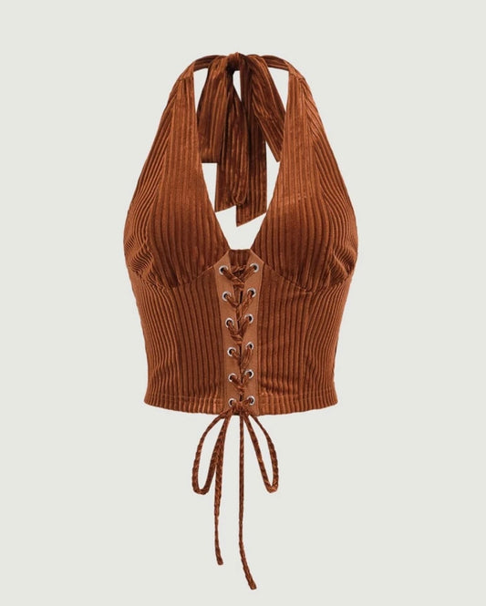 Ribbed Halter Top With Lace-Up Front