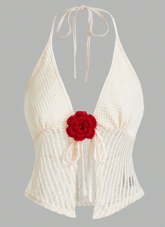 Crochet Halter Top With Red Flower Detail