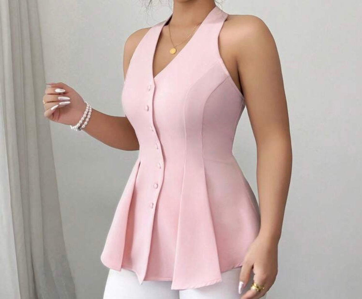 Elegant V-Neck Sleeveless Shirt Waist Pleats