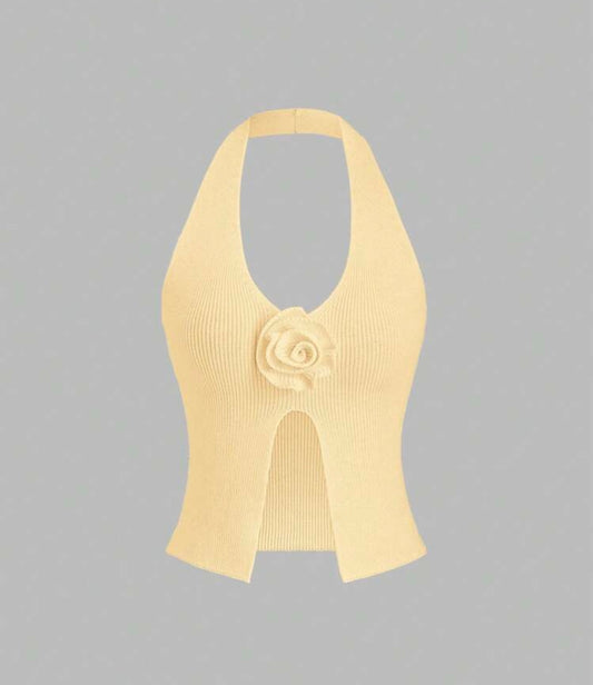 Beige Ribbed Halter Knit Top With 3D Flower Detail