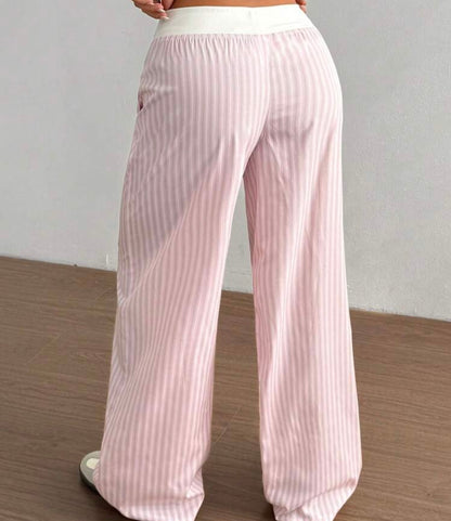 ピンクストライプのワイドレッグルームパンツ（コントラストウエスト付き）