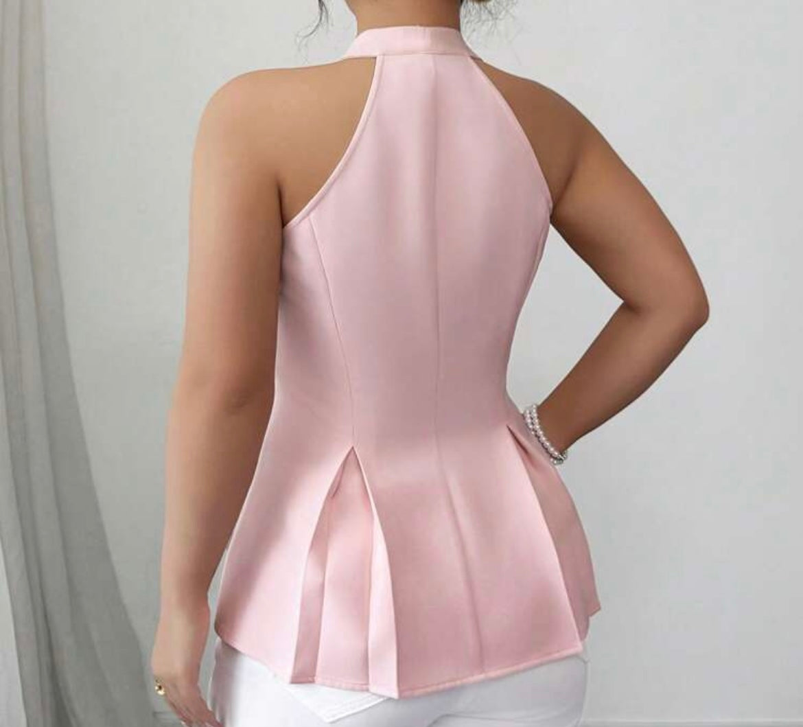 Elegant V-Neck Sleeveless Shirt Waist Pleats