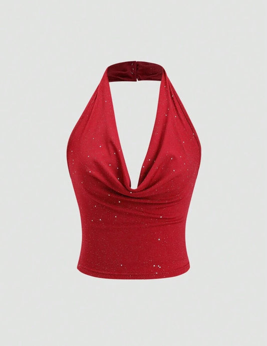 Halter Neck Glitter Top With draped Neckline